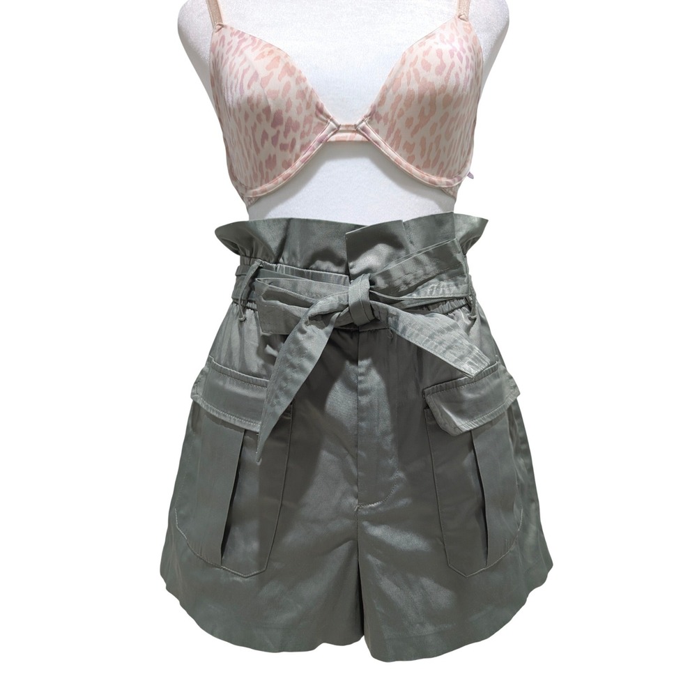 Zara Sage Green Satin High Waisted Paperbag Tie Belt Cargo Shorts Utility Small